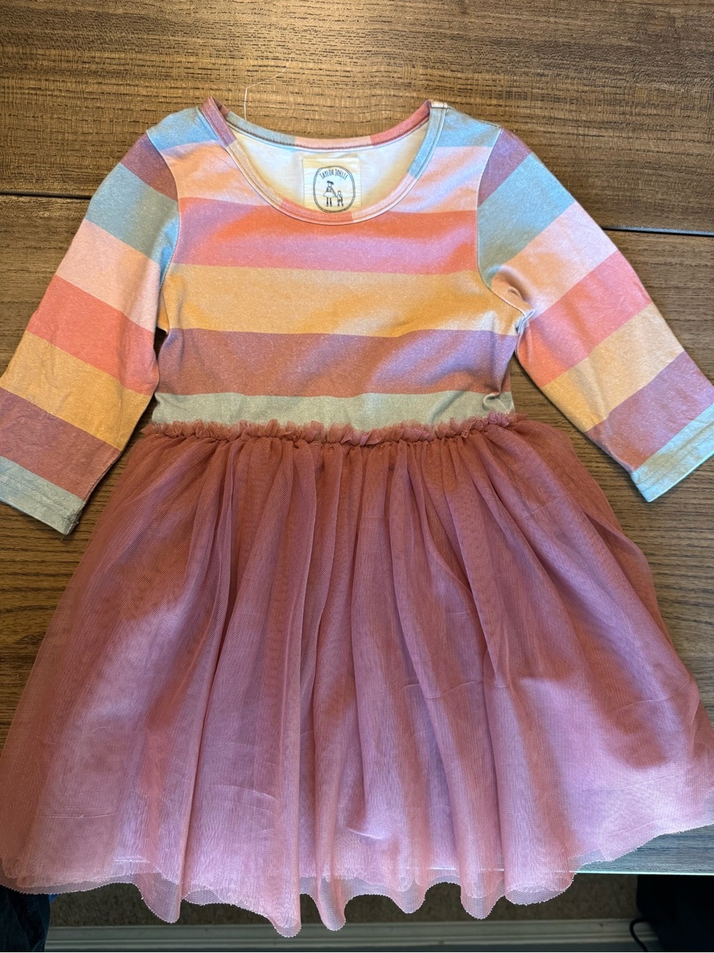 Girls' Pastel Rainbow Stripe Dress with Dusty Pink Tulle Skirt